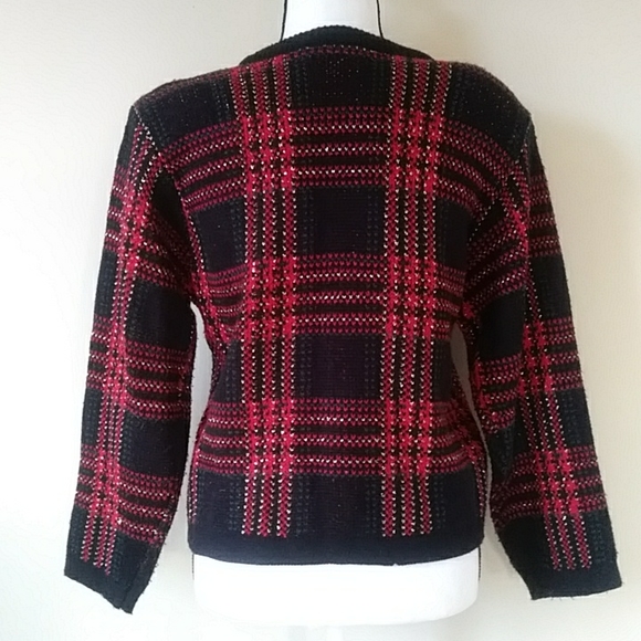Just for Petites Plaid Chain Link Cardigan Sweater PM Black Red - Picture 8 of 16